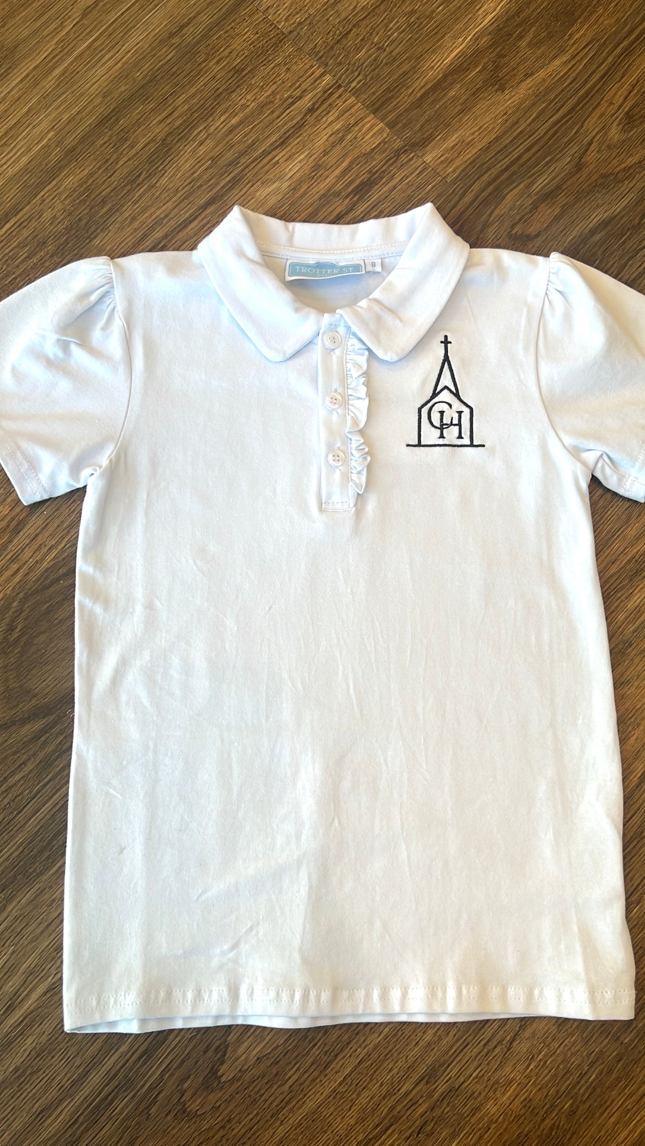Ruffle Polo White Shirt w/ Chapel Hill Logo