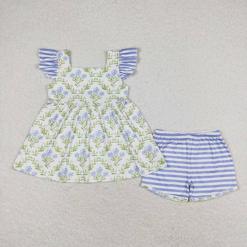 Green & Blue Flowers Flutter Sleeve Short Set
