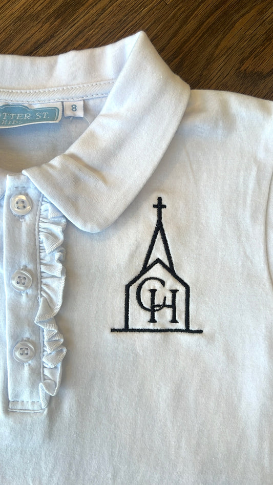 Ruffle Polo White Shirt w/ Chapel Hill Logo