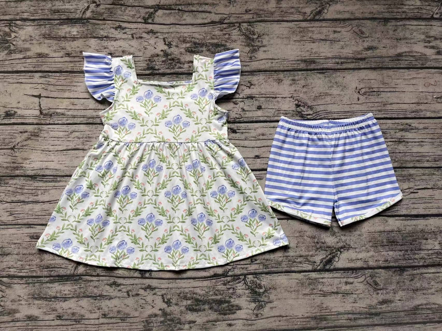 Green & Blue Flowers Flutter Sleeve Short Set