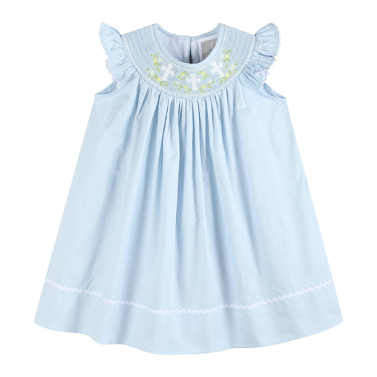 Blue Floral Crosses Smocked Bishop Dress