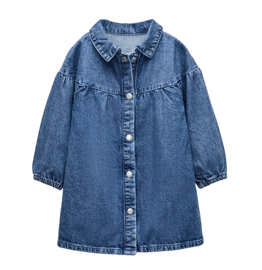 Girls' L/S Denim Shirt Dress W Gathering Yokes | Medium Wash 220