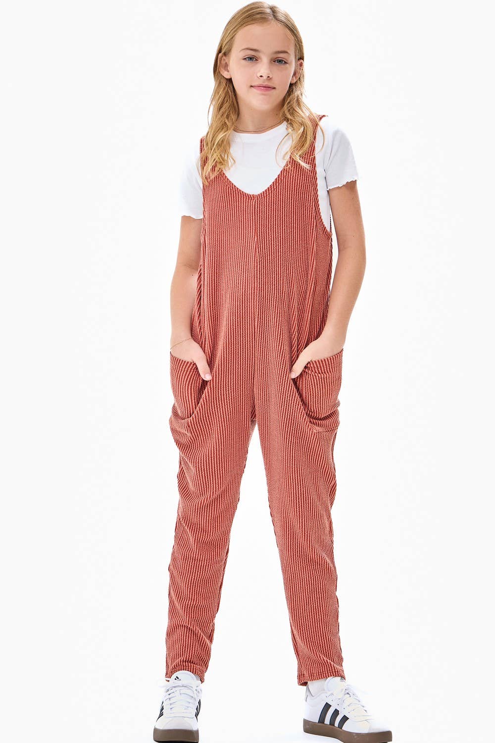 Embossed Rib Sleeveless Jumpsuit/Overall | Brick