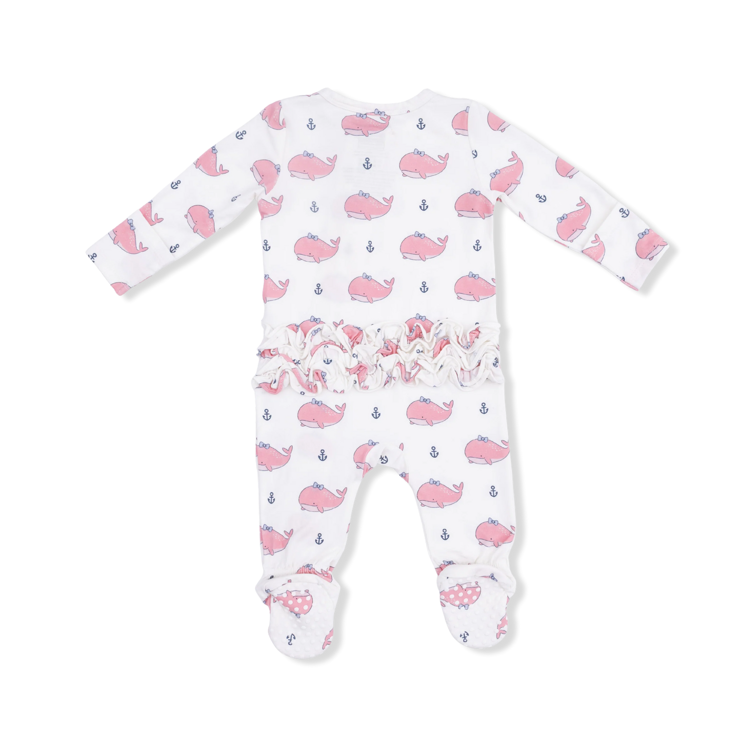 2 Way Ruffle Back Zipper Footie | Pink Bubble Whale with Bow
