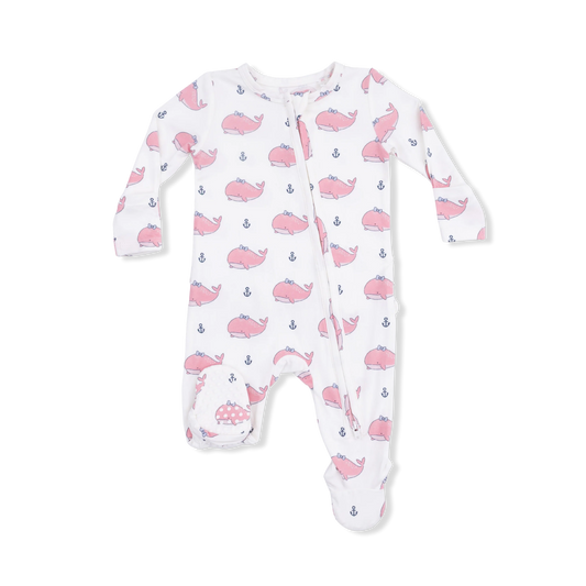 2 Way Ruffle Back Zipper Footie | Pink Bubble Whale with Bow
