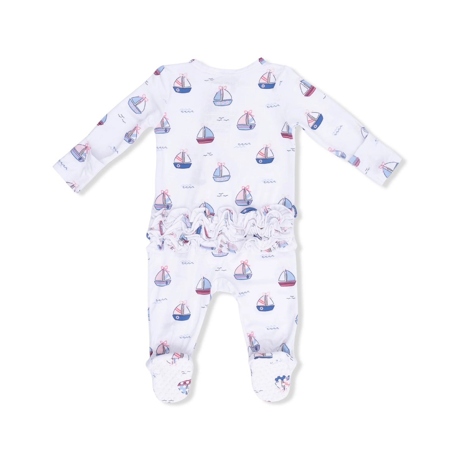 2 Way Ruffle Back Zipper Footie | Pink Bubbly Sailboats