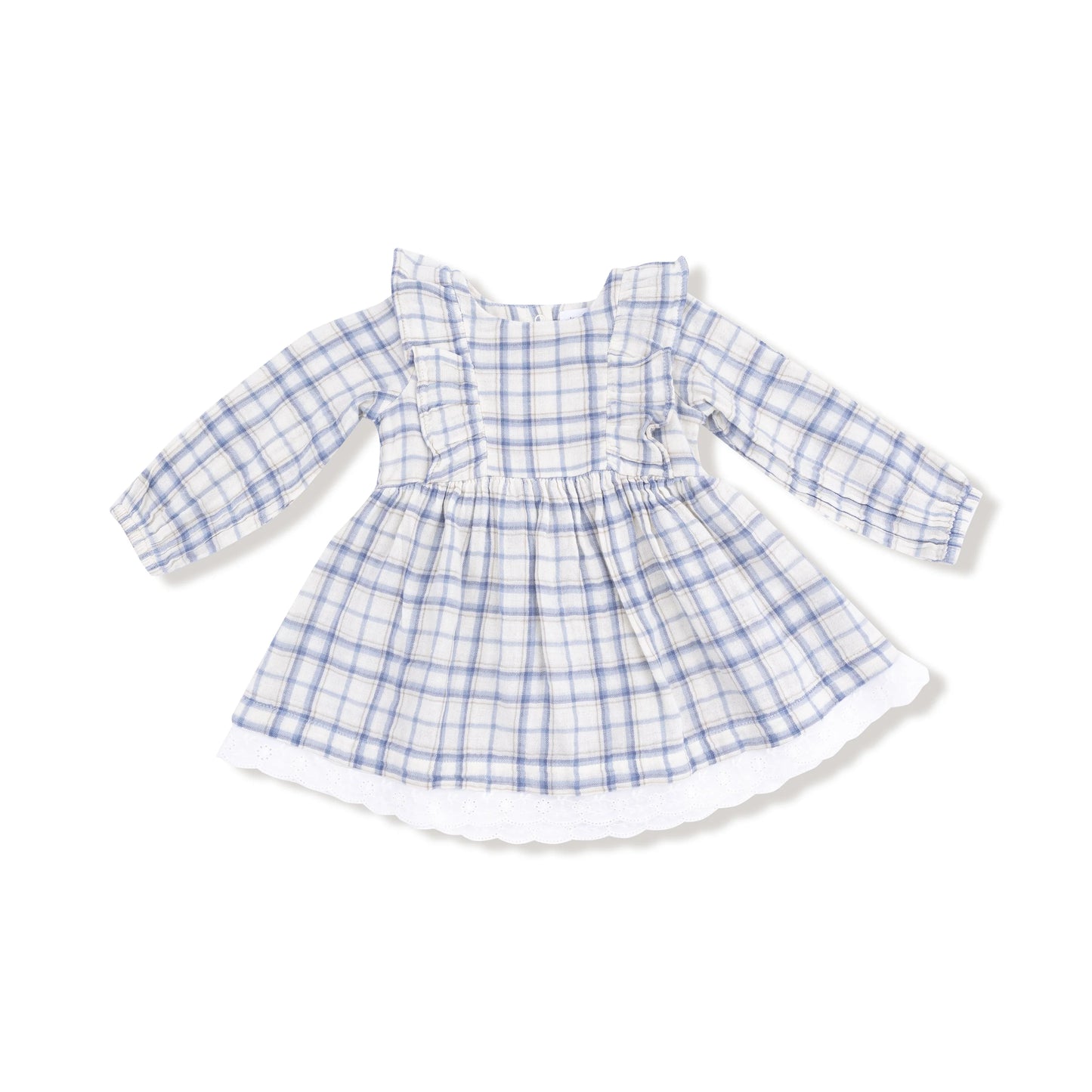 L/S Dress with Eyelet Hem & Diaper Cover | Blue Plaid