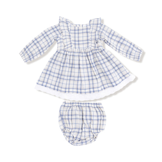 L/S Dress with Eyelet Hem & Diaper Cover | Blue Plaid