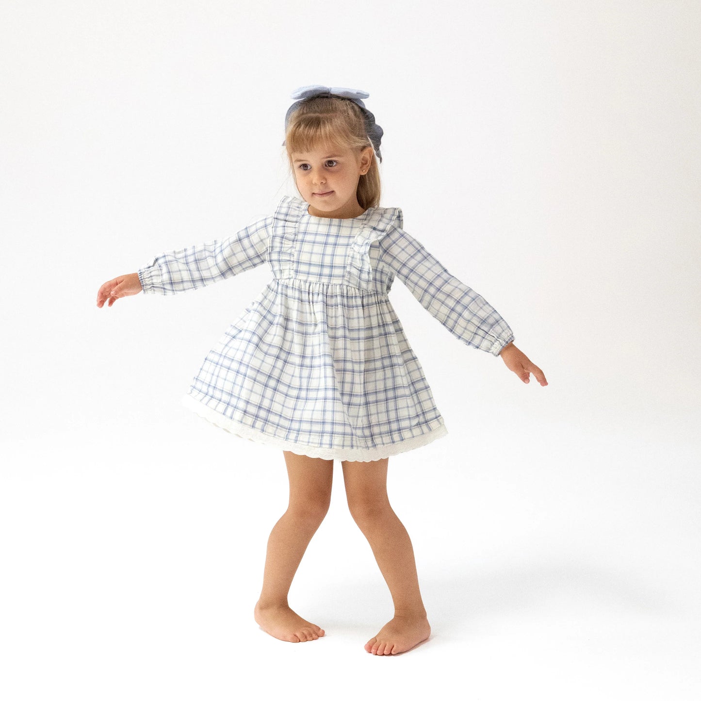 L/S Dress with Eyelet Hem & Diaper Cover | Blue Plaid