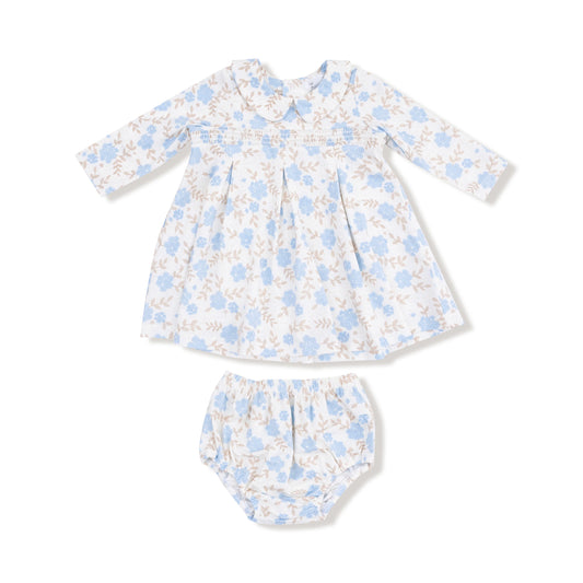 Peter Pan Collar Dress w/ Smocking & Diaper Cover | Baby Blue Floral