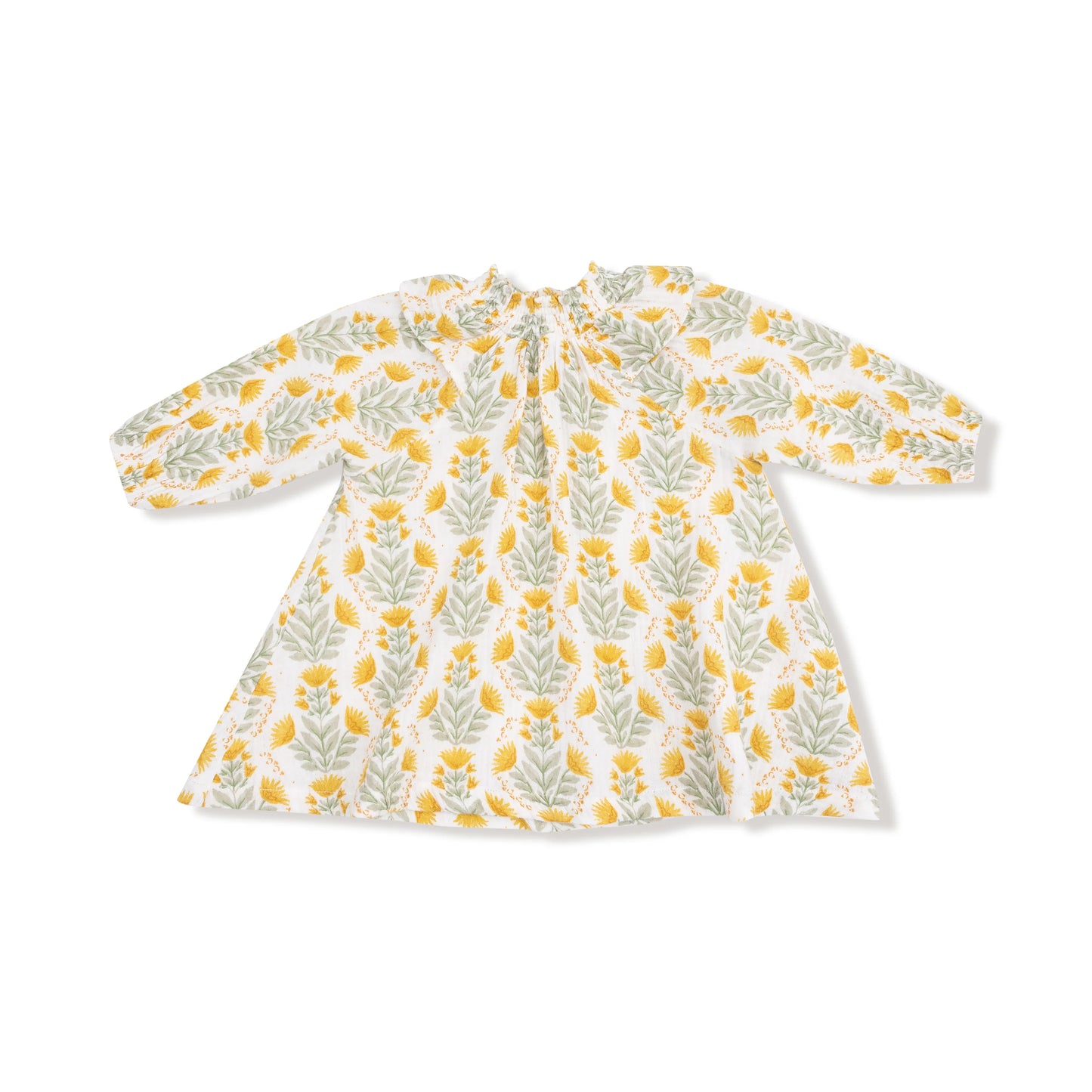 Long Sleeve Ruffle Smocked Neck Dress & Diaper Cover | Winter Dandelions
