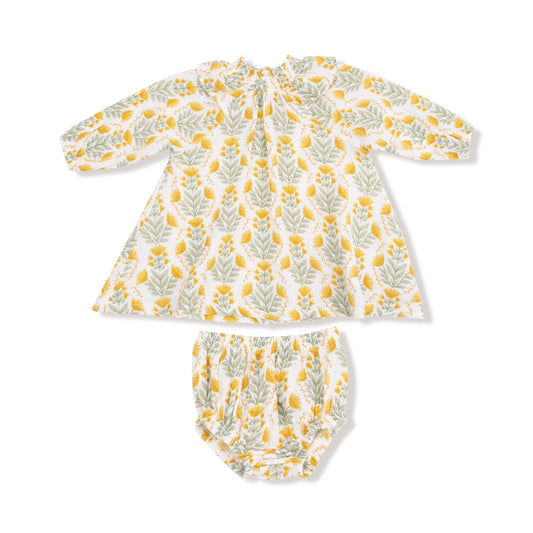Long Sleeve Ruffle Smocked Neck Dress & Diaper Cover | Winter Dandelions