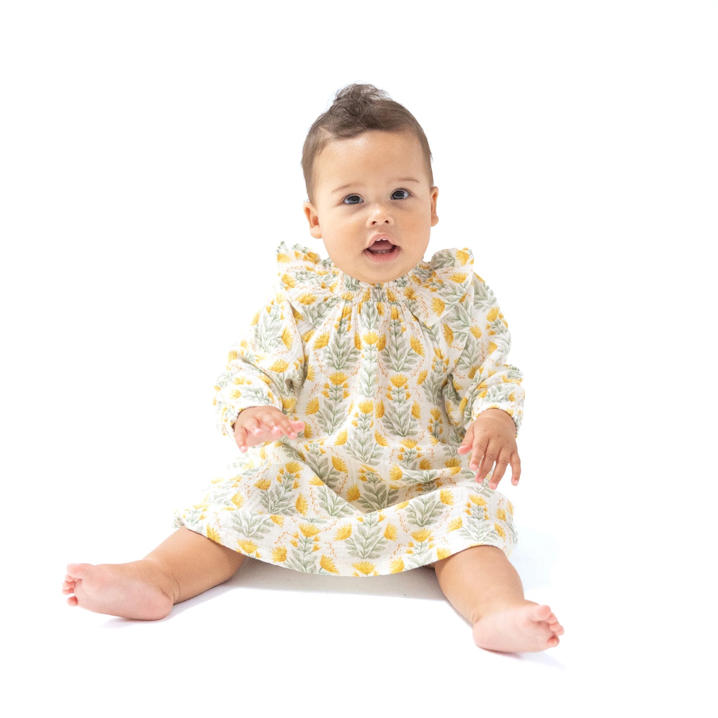 Long Sleeve Ruffle Smocked Neck Dress & Diaper Cover | Winter Dandelions