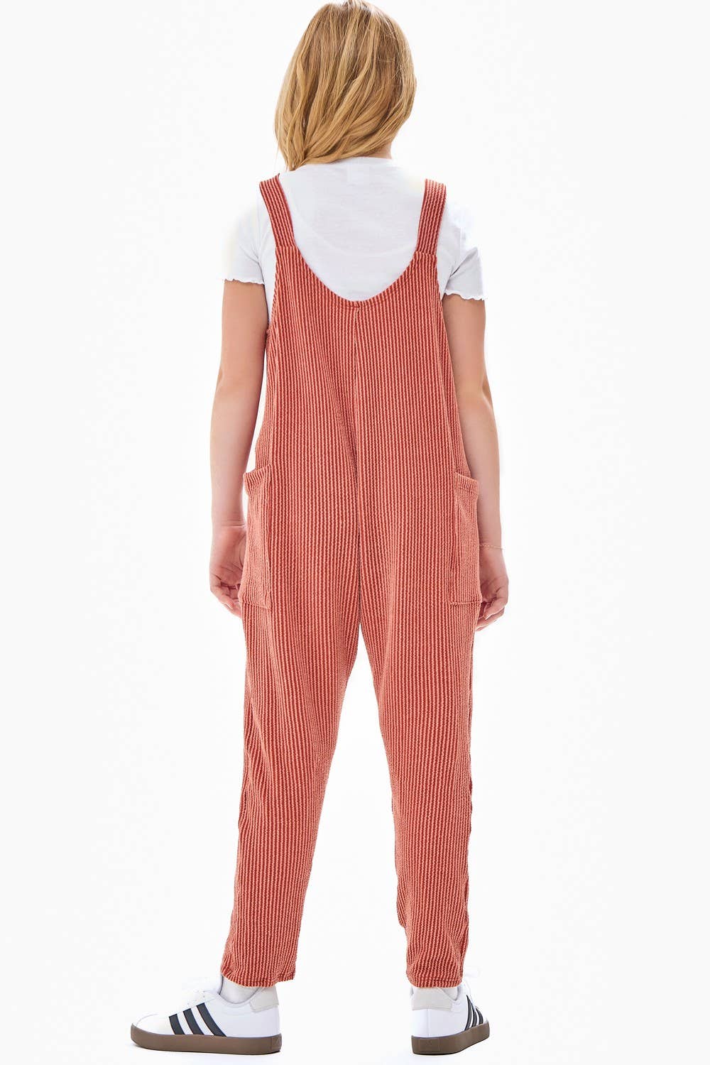 Embossed Rib Sleeveless Jumpsuit/Overall | Brick