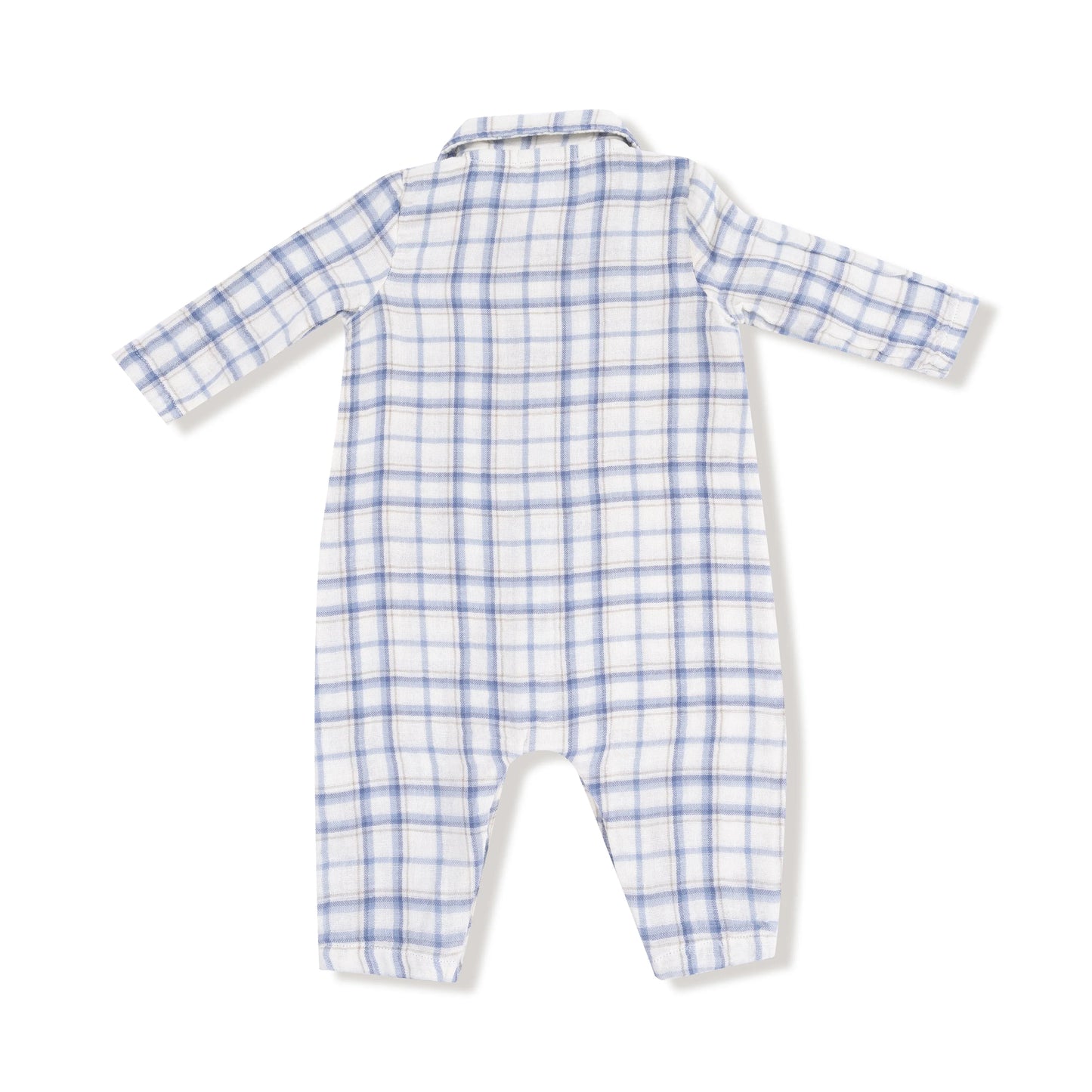 Long Sleeve Polo Romper w/ Full Placket | Blue Plaid