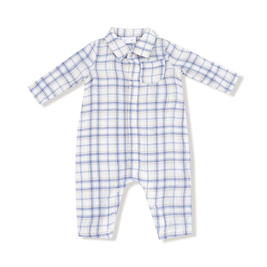 Long Sleeve Polo Romper w/ Full Placket | Blue Plaid