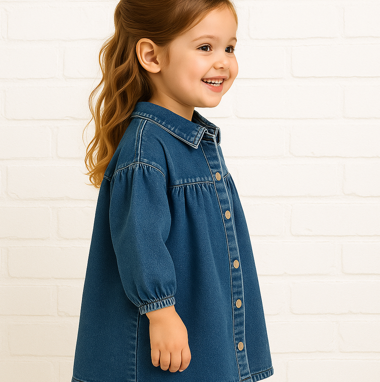 Girls' L/S Denim Shirt Dress W Gathering Yokes | Medium Wash 220