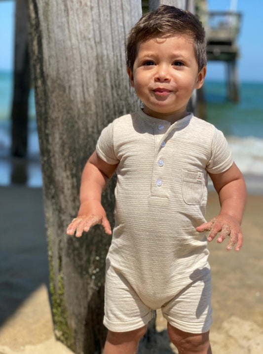 Camborne Henley Romper | Beige Ribbed