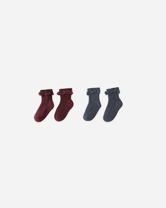 Lace Trim Socks, 2-pack || Burgundy, Navy