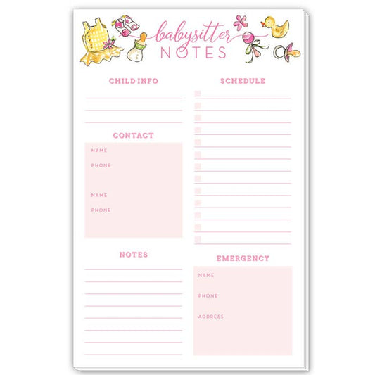 Babysitter Notes Pink Handpainted Baby Icons Large Notepad