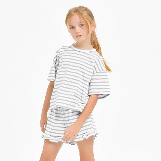 Stripe Crop Top and Ruffle Shorts Set | Heather Grey