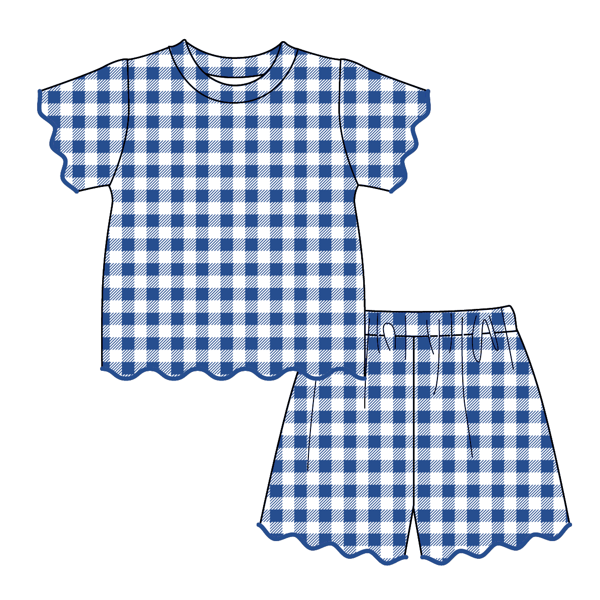 Gingham Scalloped Trim Short Set | Blue