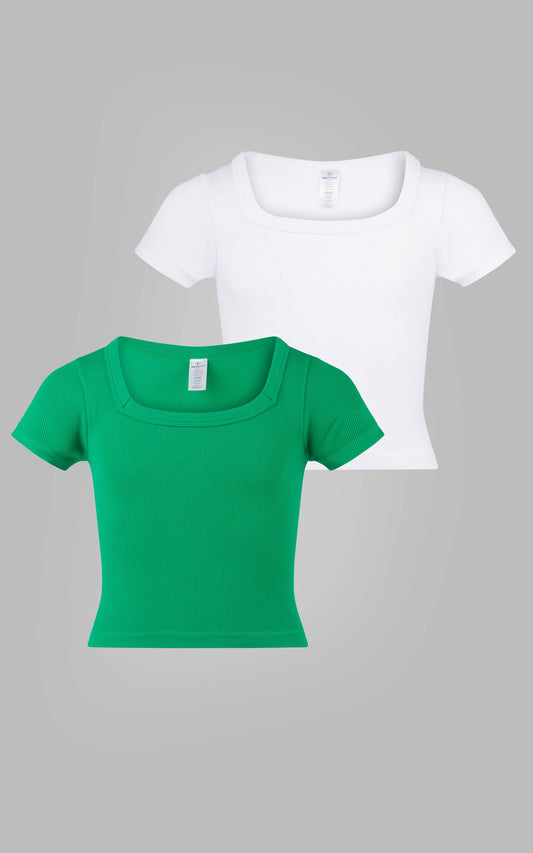 Girls Rib Seamless Square Neck T-Shirts | Golf Green & White