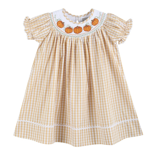 Light Brown Gingham Pumpkin Vine Smocked Bishop Dress