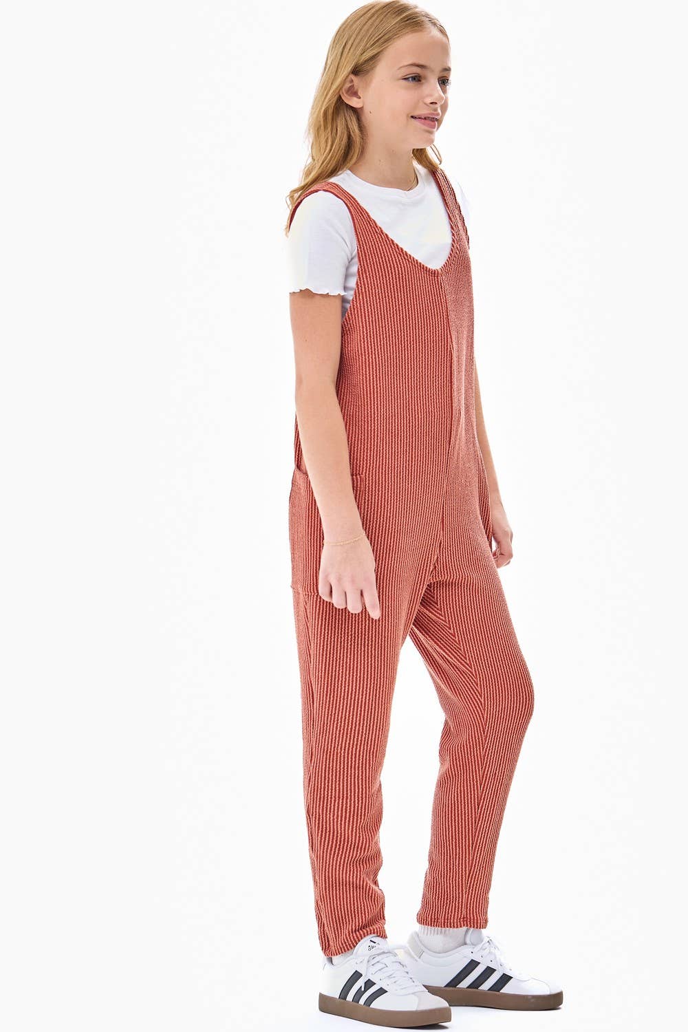 Embossed Rib Sleeveless Jumpsuit/Overall | Brick