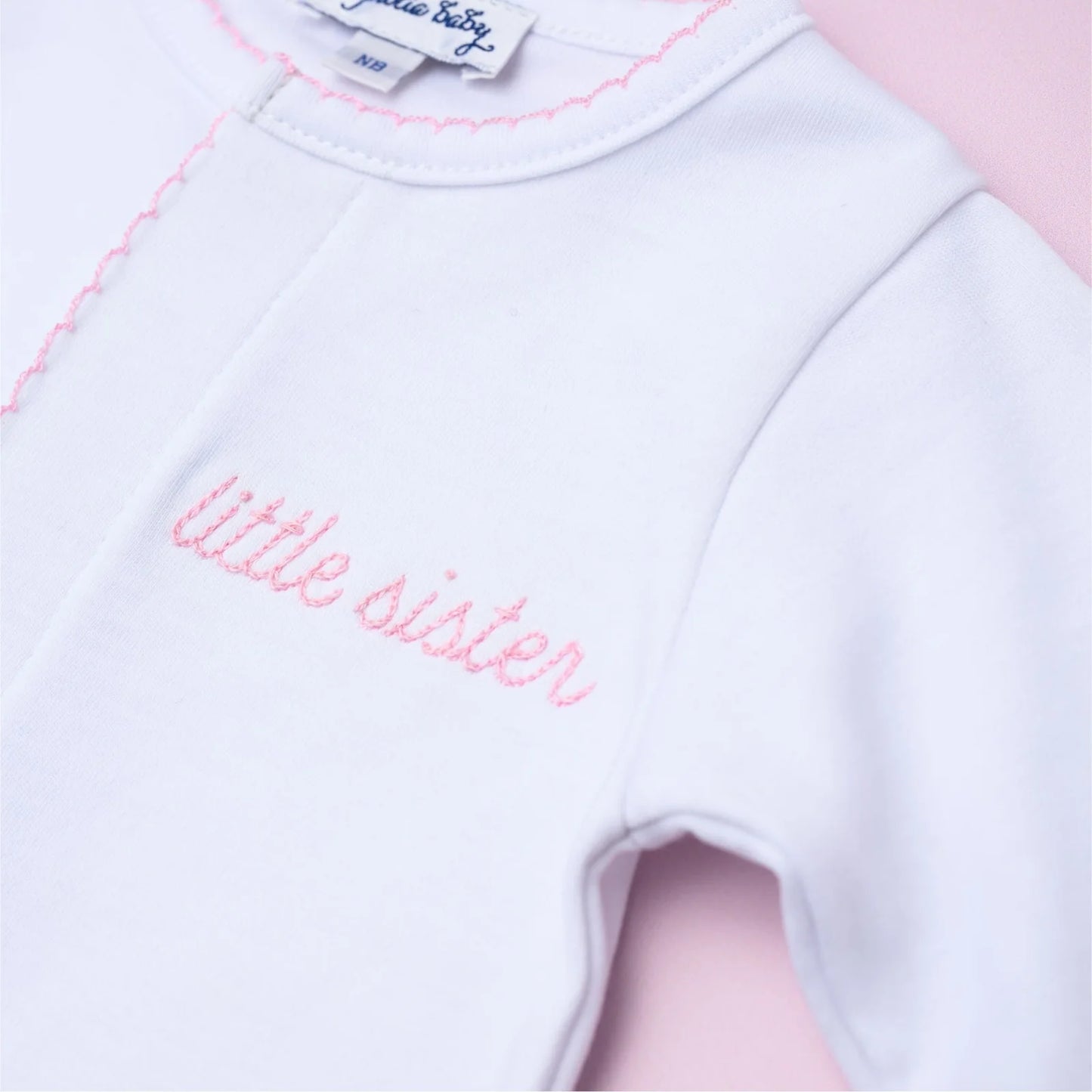 Little Sister Embroidered Footie | Light Pink