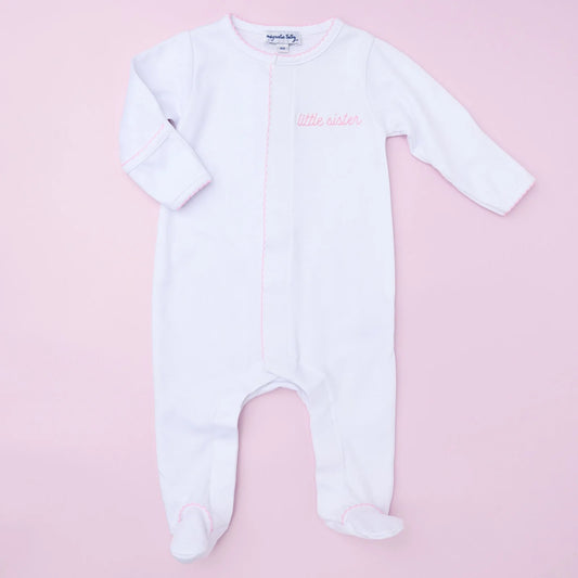 Little Sister Embroidered Footie | Light Pink