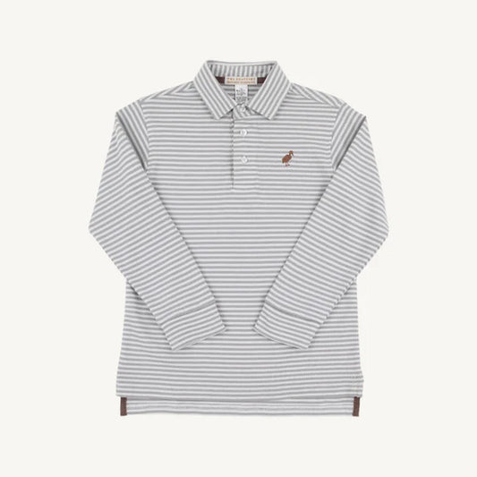 Prim & Proper Polo LS | Grantley Gray Stripe w/ Gray Bay Brown Stork