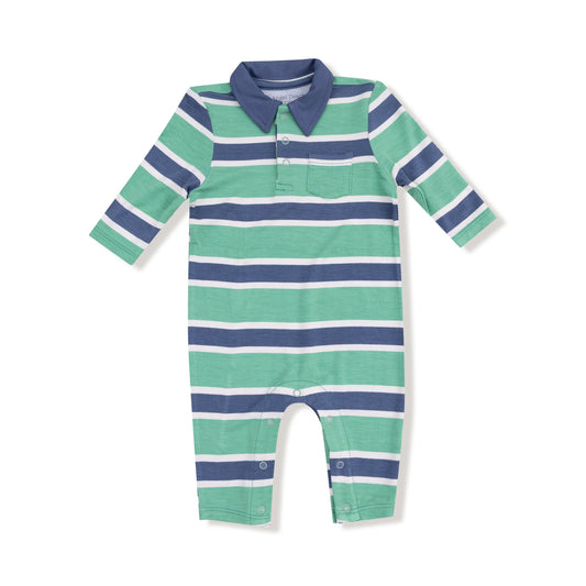 Polo Romper | Rugby Stripe Green and Navy