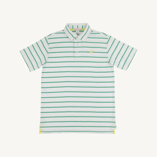 Prim & Proper Pima Polo SS | Gibson Island Green Stripe with Lake Worth Yellow Stork