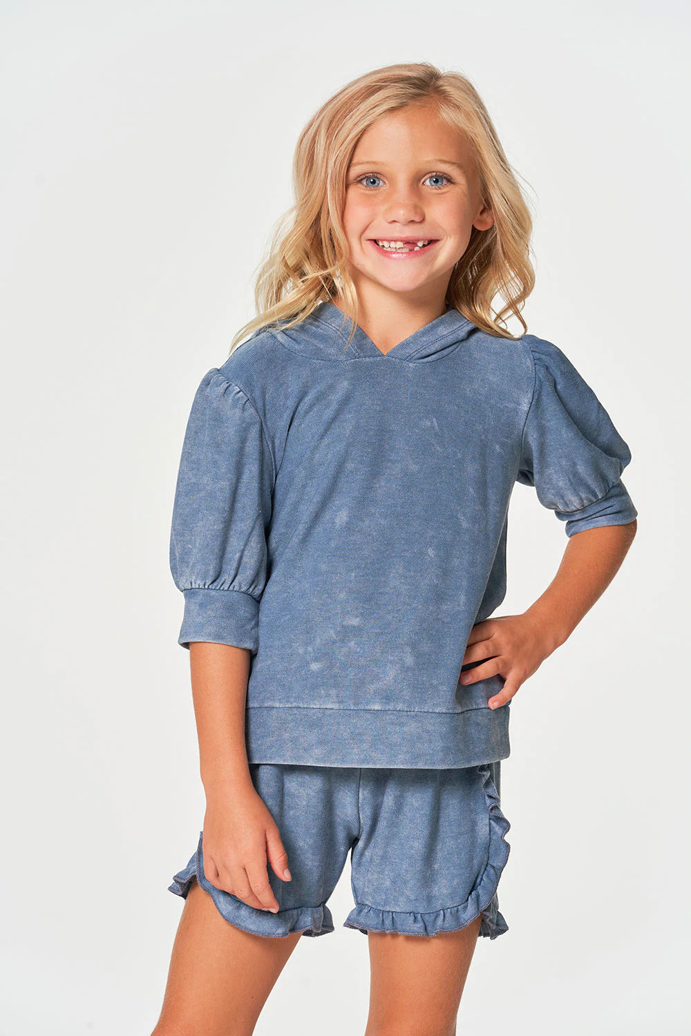 Girls Cozy Knit 3/4 Puff Denim Mineral Wash