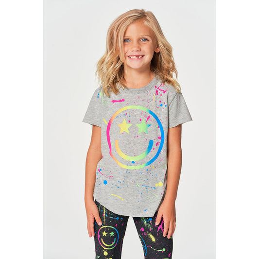 Girls Vintage Jersey Short Sleeve Shirt Heather Grey Happy Face