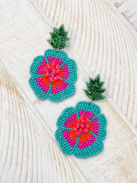 Prep Obsessed Wholesale - Blue Hibiscus Beaded Dangle Earrings