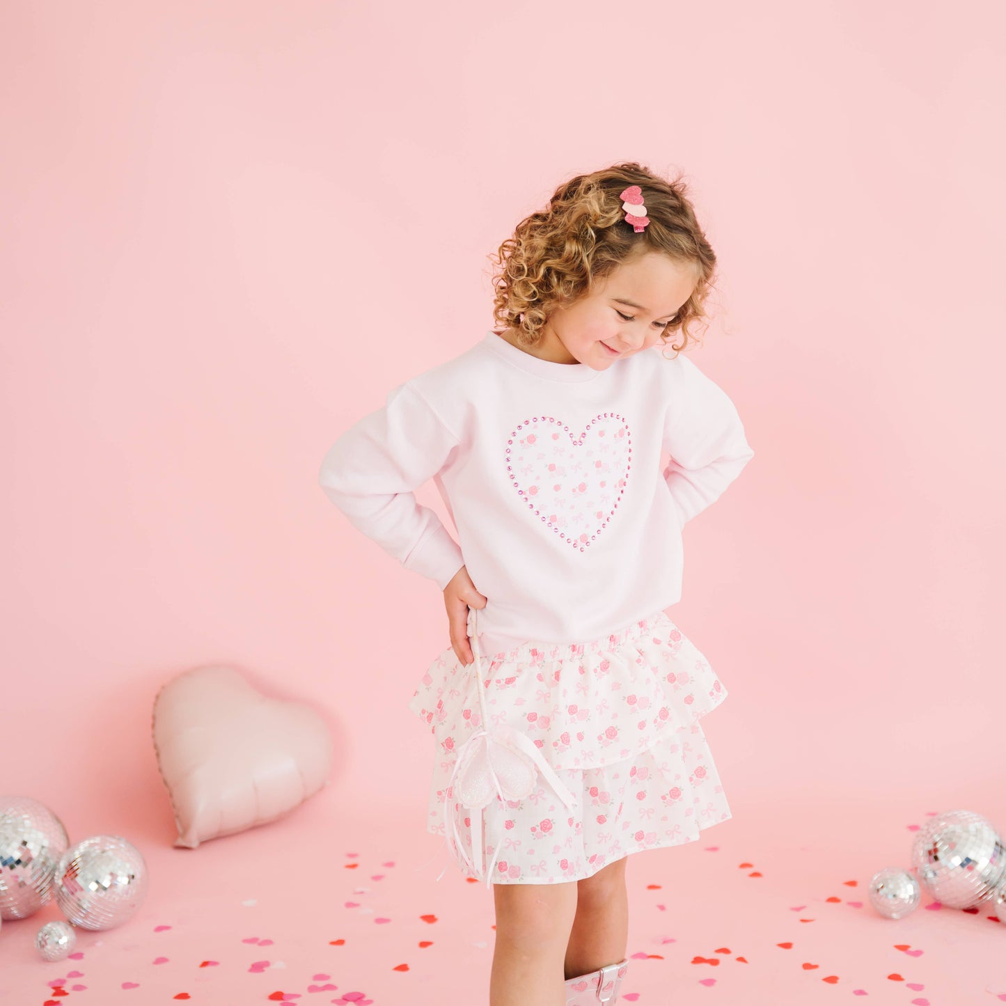Dainty Rose Pearl Heart Patch Sweatshirt