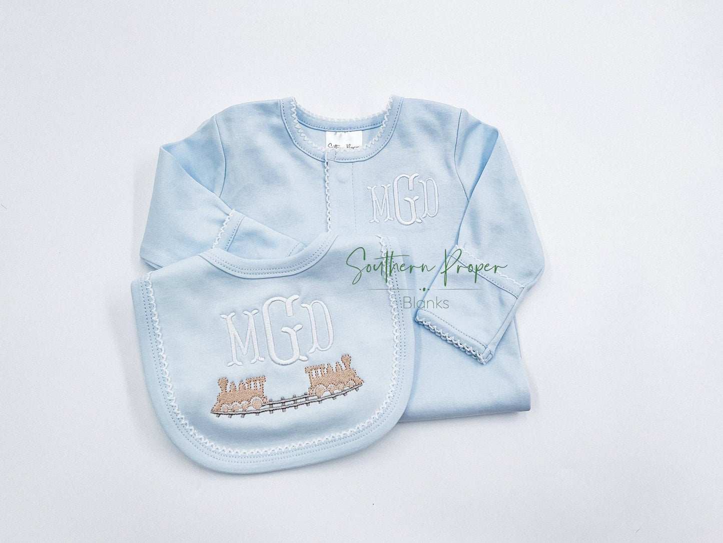 Blue Footie with White Picot Trim