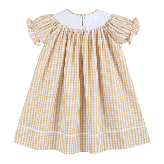 Light Brown Gingham Pumpkin Vine Smocked Bishop Dress