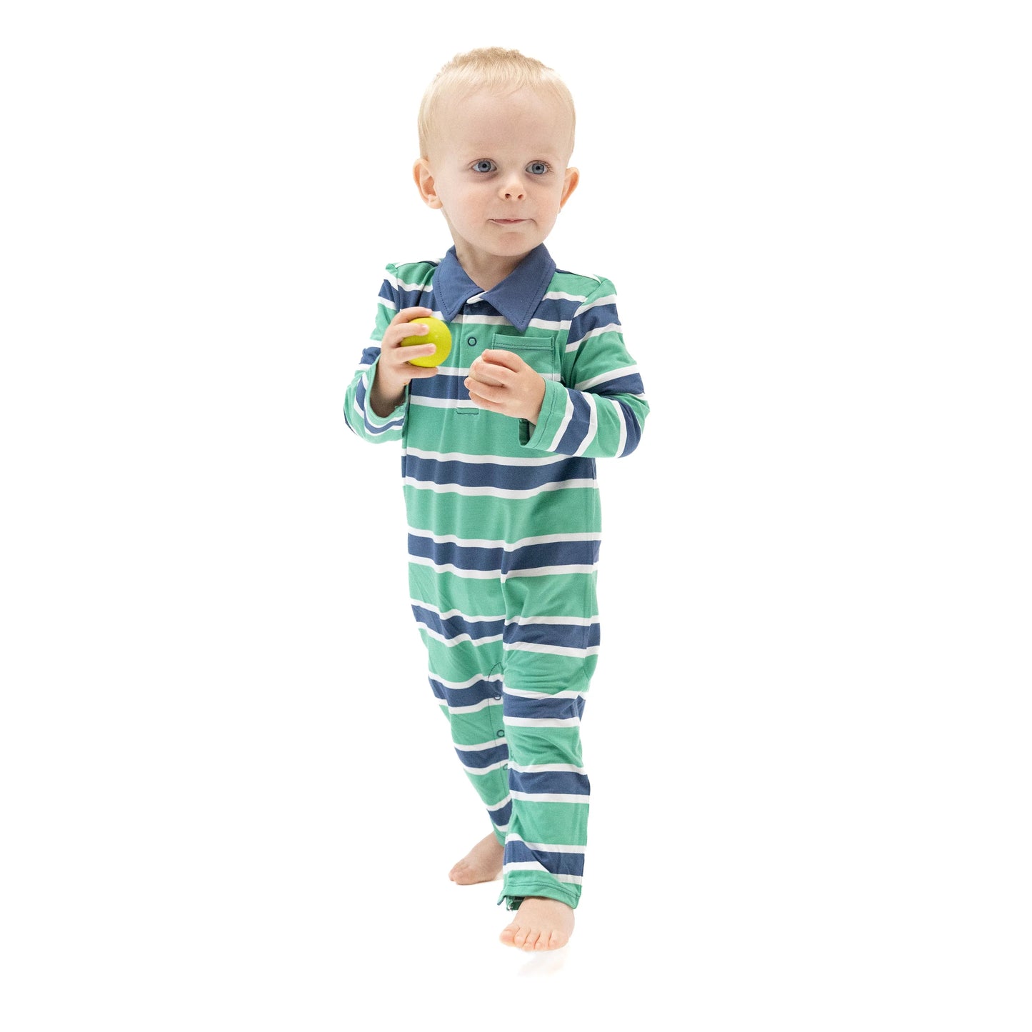 Polo Romper | Rugby Stripe Green and Navy