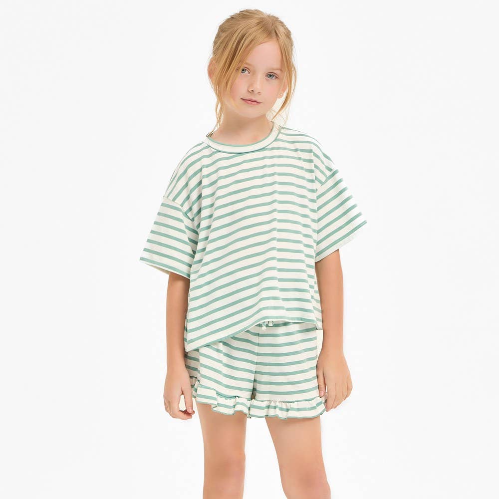 Stripe Crop Top and Ruffle Shorts Set | Heather Grey