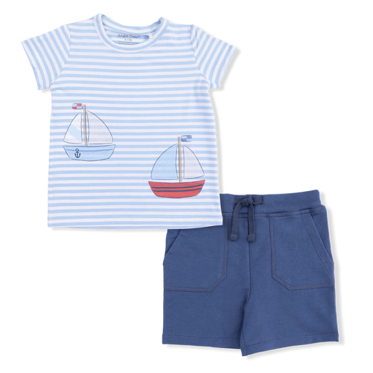 Crew Neck Tee with Cargo Short | Bubbly Sailboat Stripe