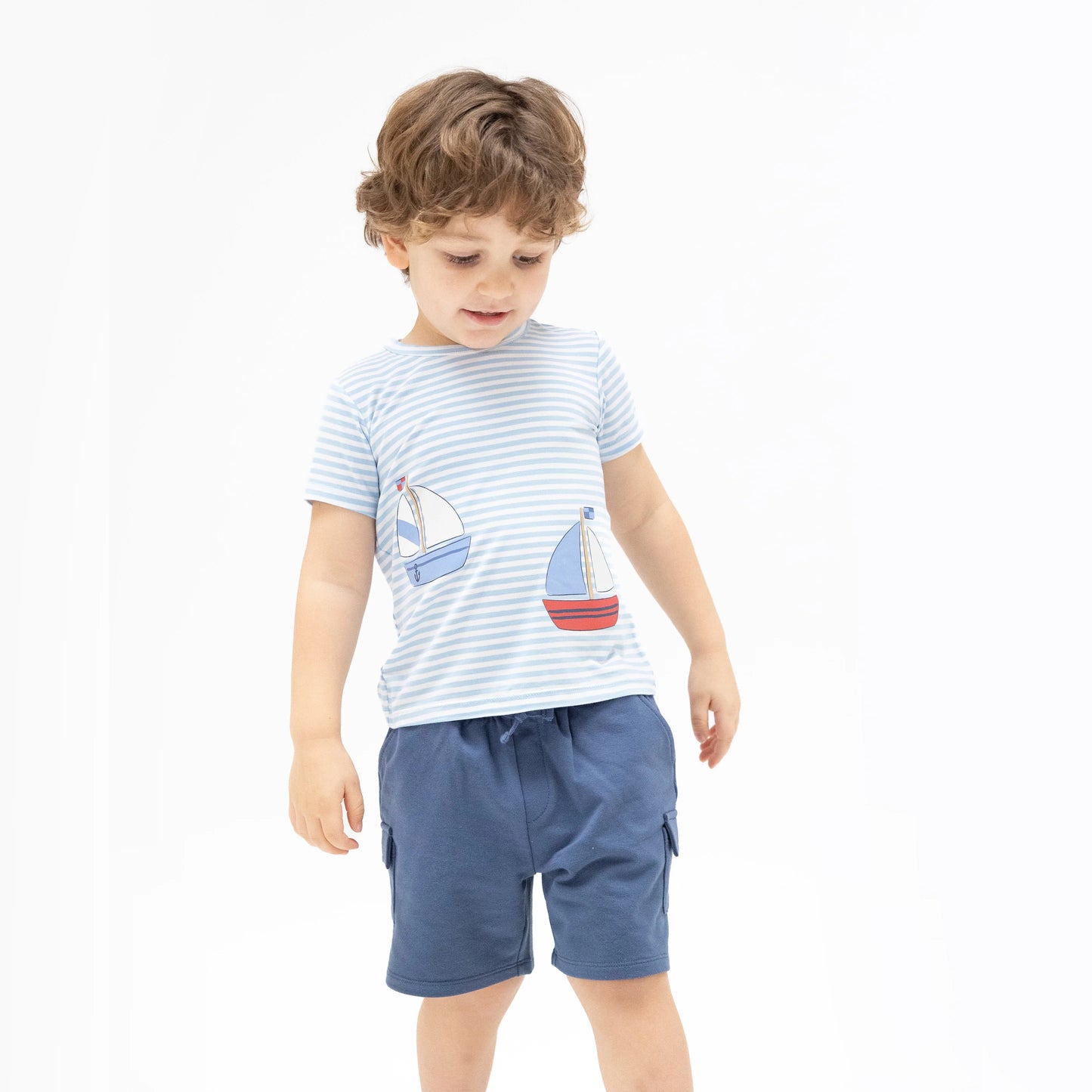Crew Neck Tee with Cargo Short | Bubbly Sailboat Stripe