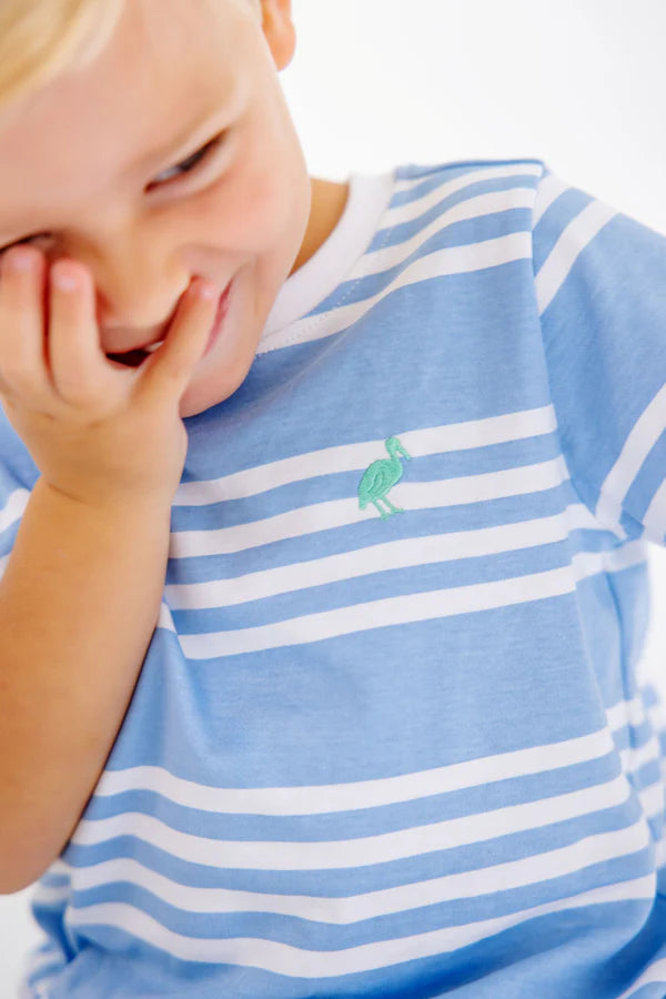 Carter Crewneck | Saddle Ridge Stripe (Sarasota Sky) with Gibson Island Green Stork