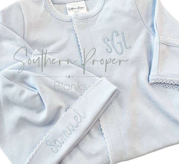 Blue Footie with White Picot Trim