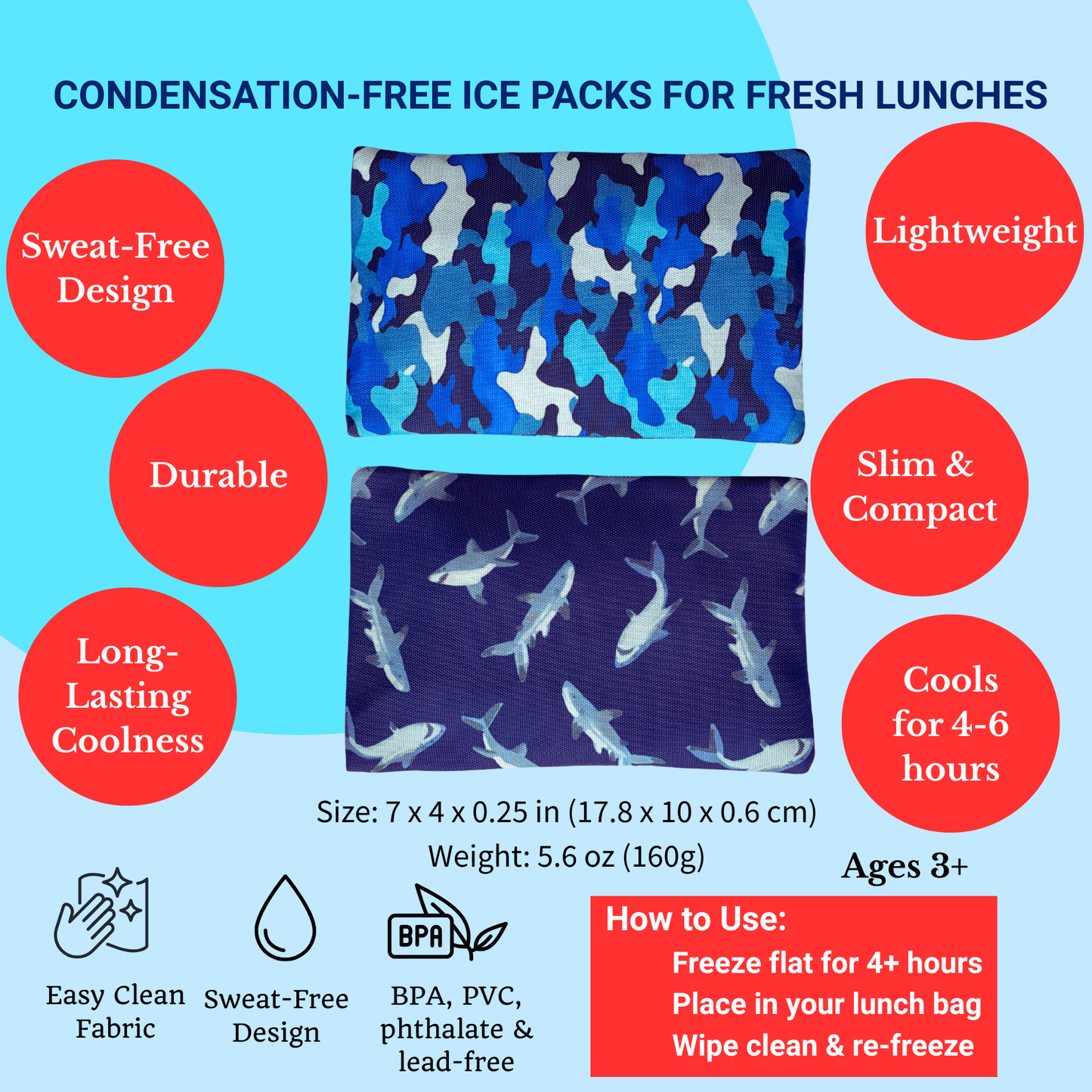 Gel Ice Packs in Fabric Sleeves 2-Pack | Sharks & Camouflage