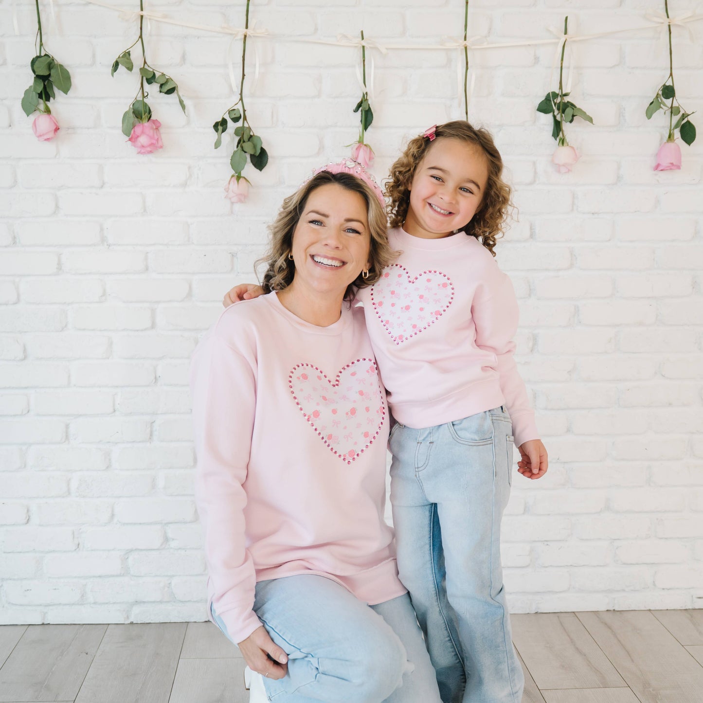 Dainty Rose Pearl Heart Patch Sweatshirt