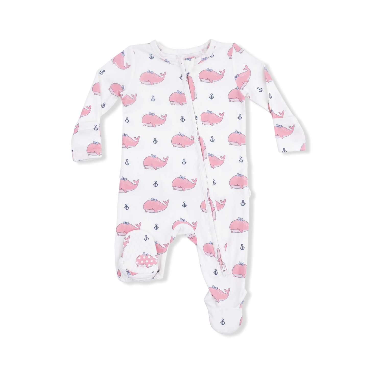 2 Way Ruffle Back Zipper Footie | Pink Bubble Whale with Bow