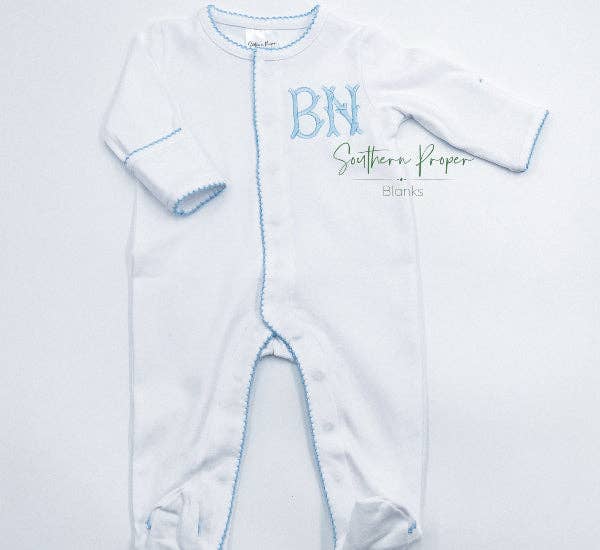 White Footie with Blue Picot Trim